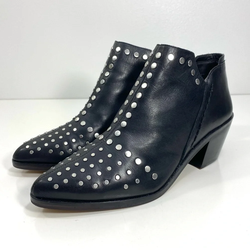 1. State Loka Black Leather Silver Studded Moto Biker Rock Western Ankle Boots 6